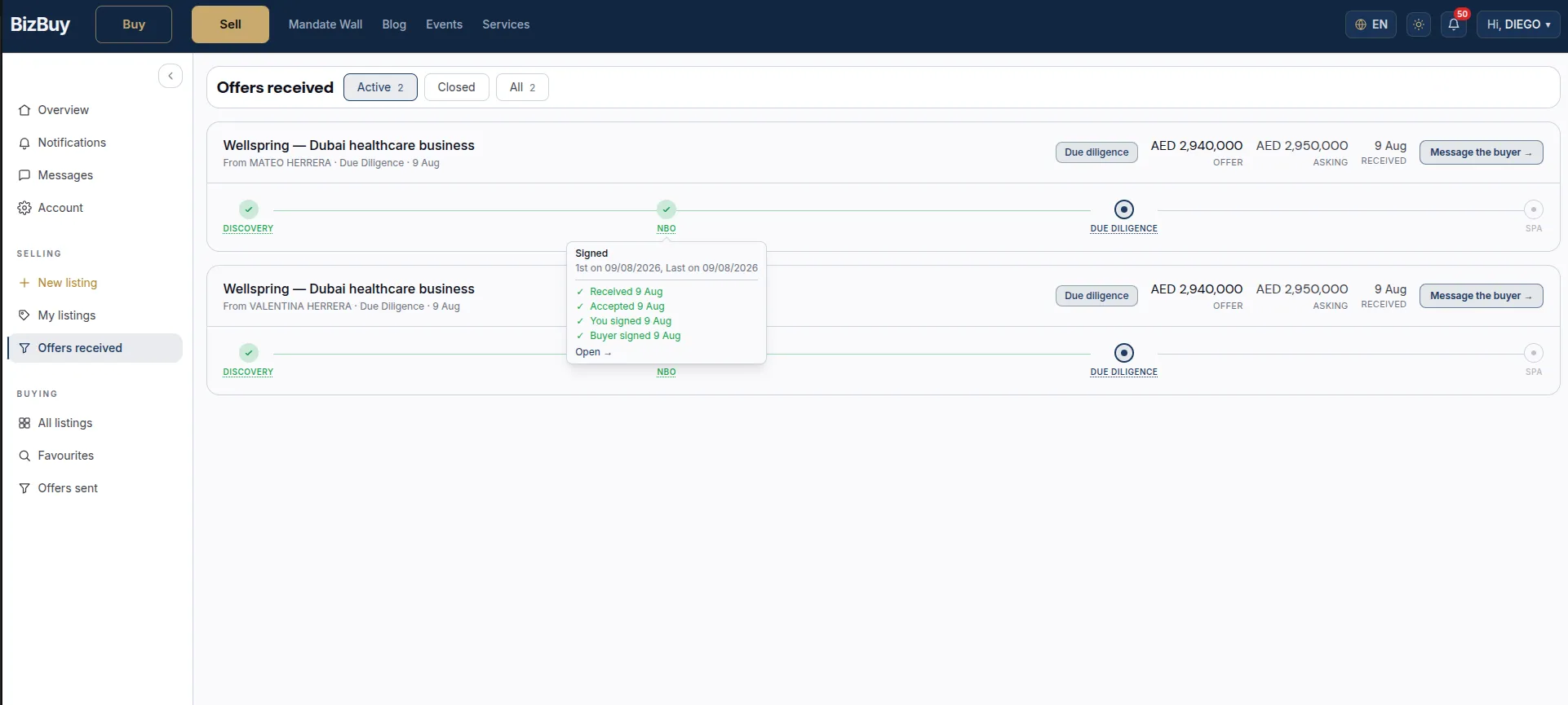 Every offer tracked through one pipeline: discovery, NBO, due diligence, SPA.