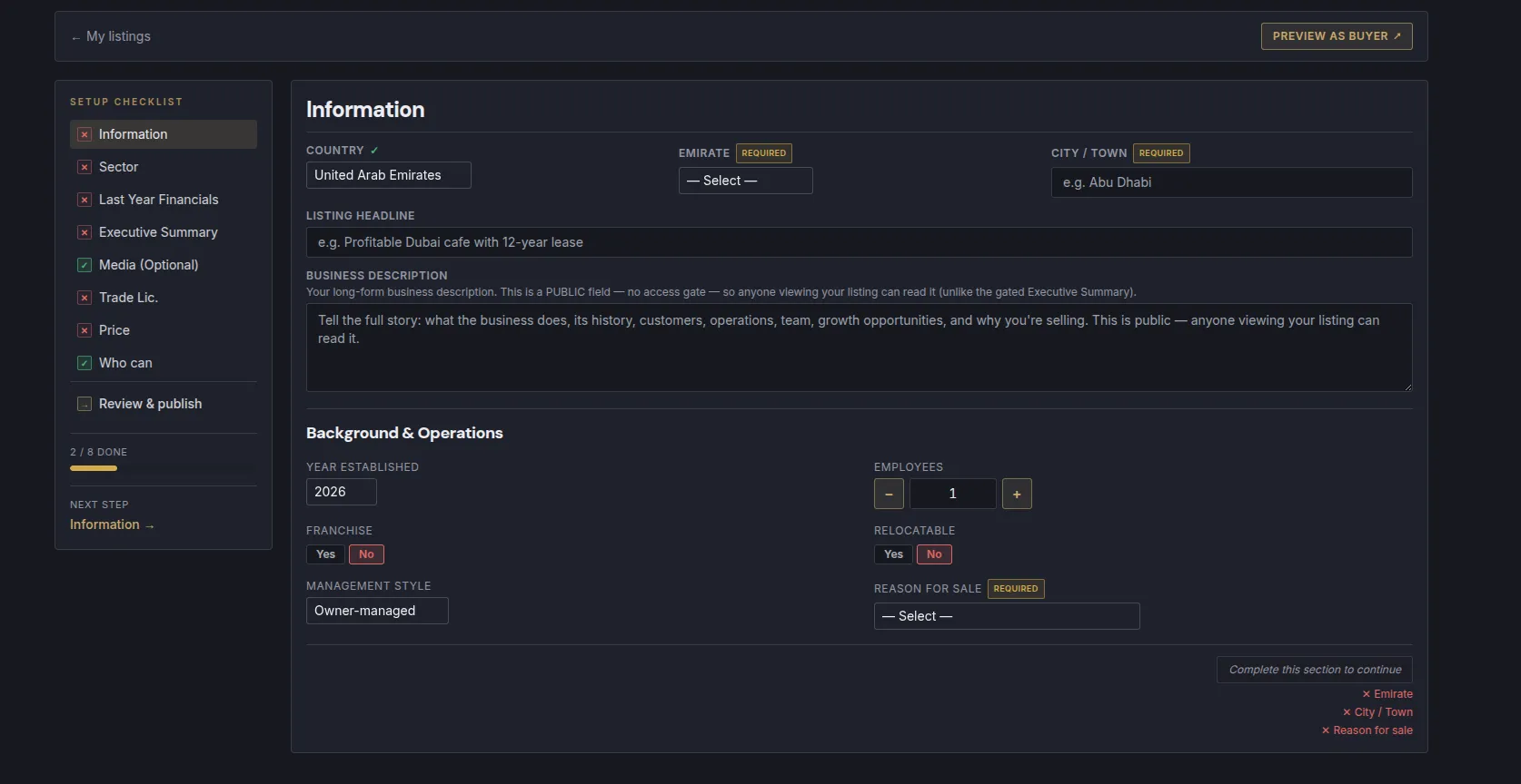 Seller onboarding: a guided checklist with a listing completeness score.
