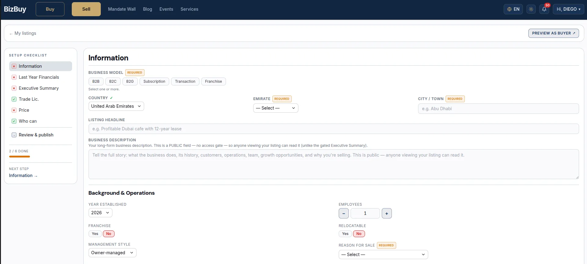 Seller onboarding: a guided checklist with a listing completeness score.