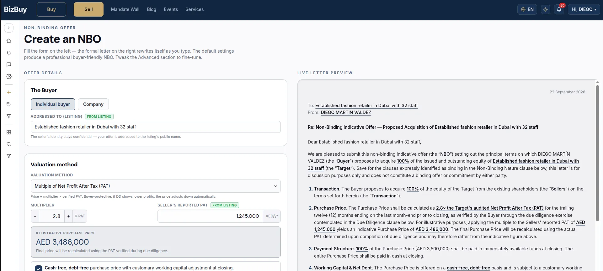 Non-binding offers drafted automatically: payment structure, validity window, governing law.